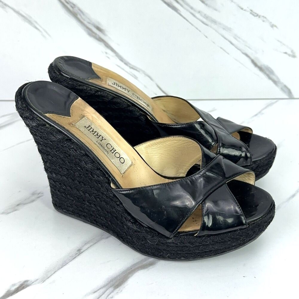 Jimmy Choo Phyllis Patent Black Espadrilles Wedge Sandals London Size EU 39 US 9 - Picture 1 of 8